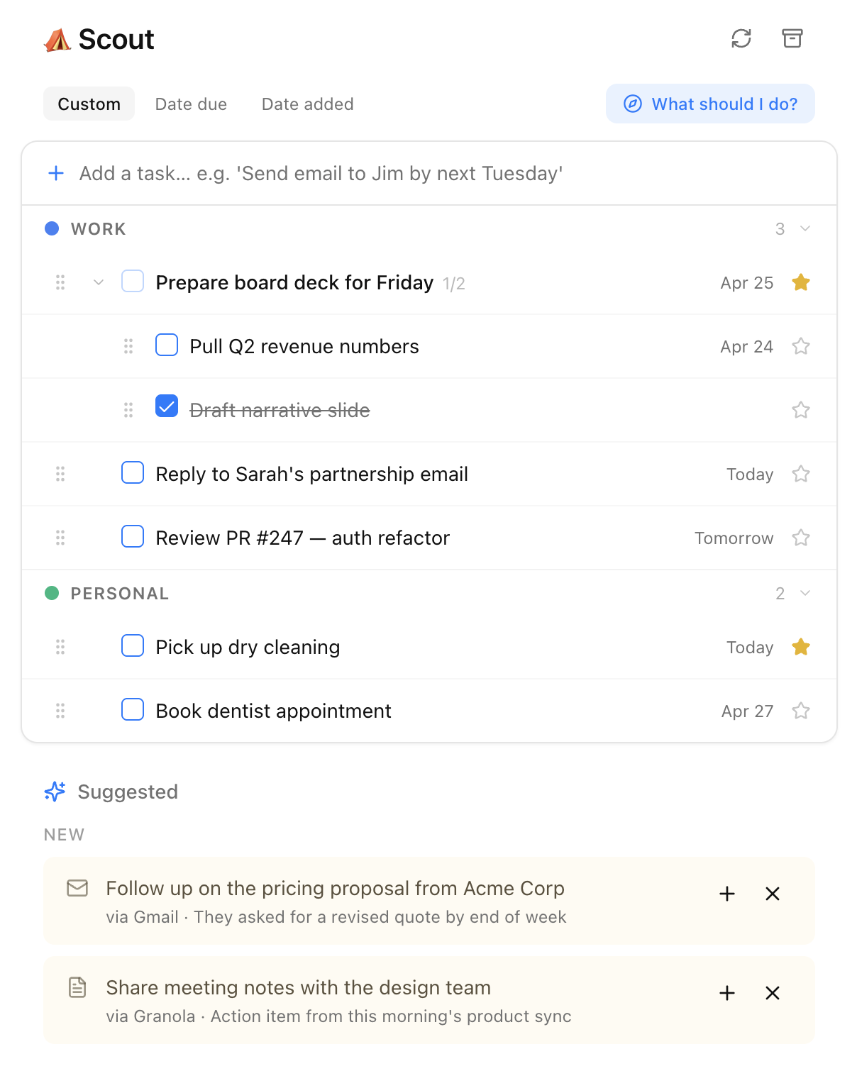 Scout app showing tasks organized by Work and Personal categories with suggested tasks from Gmail and Granola
